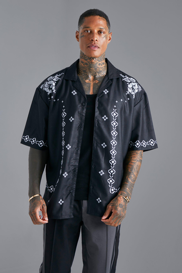 Oversized Kortärmad Blommig Skjorta, Black