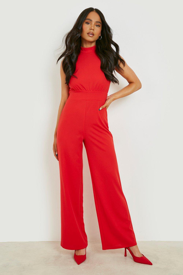 Petite - Jumpsuit Med Öppen Rygg Och Utsvängda Ben, Red
