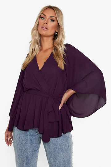 Plus - Omlottblus Med Peplum Och Vid Ärm, Purple