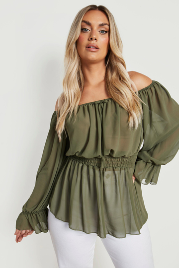Plus - Off Shoulder-Topp I Chiffong, Green
