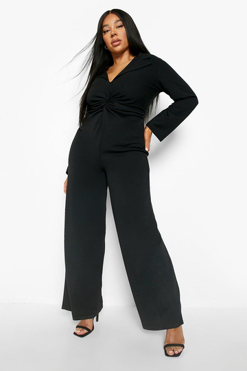 Plus Jumpsuit Med Knut Och Vida Ben, Black
