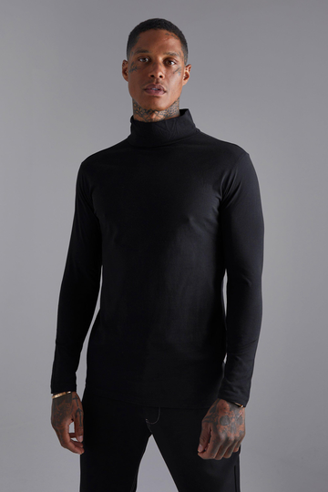 Långärmad T-Shirt I Muscle Fit Med Hög Halsmudd, Black