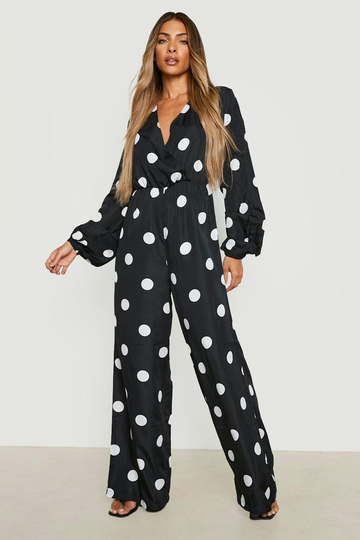 Prickig Långärmad Jumpsuit Med Omlott, Black