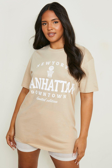 Plus - Manhattan Oversize T-Shirt Med Slogan, Beige