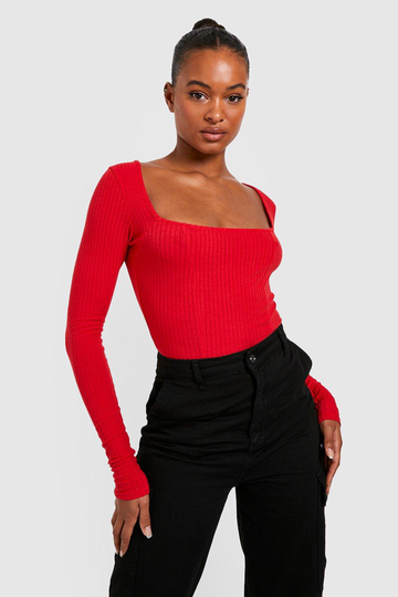 Tall - Långärmad Stickad Korsett-Topp, Red
