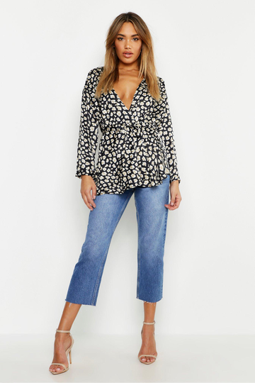 Leopardmönstrad Blus Med Omlott Och Knytdetalj, Black