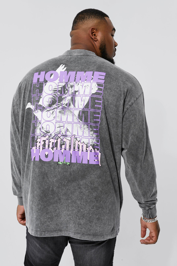 Plus Oversized Långärmad T-Shirt Med Stentvättad Effekt, Grey