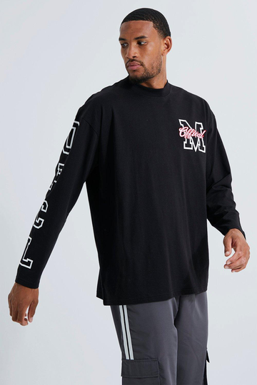 Tall Oversized T-Shirt Med Tryck Och Hög Halsmudd, Black