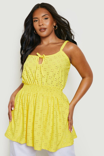 Plus - Topp Med Broderie Anglaise Och Smock, Yellow