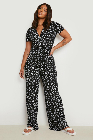 Plus - Blommig Jumpsuit Med Omlott Och Vida Ben, Black