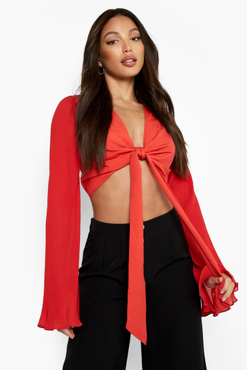 Tall - Plisserad Blus Med Knytdetalj, Red