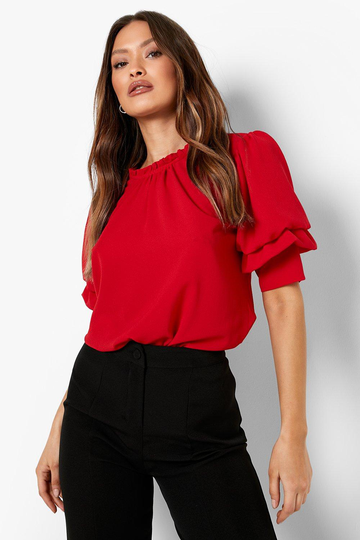 Blus Med Volanger Och Volymärm, Red