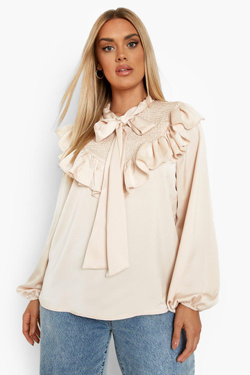 Plus - Knytblus Med Smock, Beige