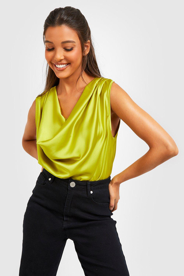 Ärmlös Satinblus Med Draperad Hals, Yellow