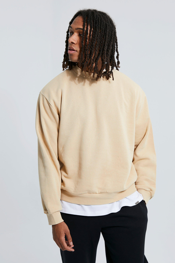 Basic Oversized Sweatshirt Med Hög Halsmudd, Beige