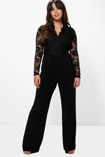Plus - Jumpsuit Med Långa Ärmar I Spets, Black