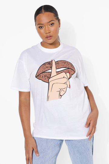 Plus - T-Shirt Med Leopardmönstrade Läppar, White