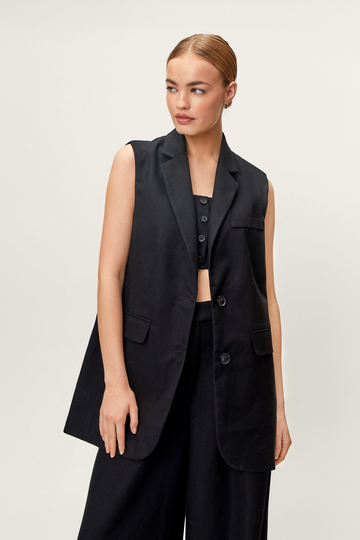 Oversized Lång Enkelknäppt Kostymväst, Black