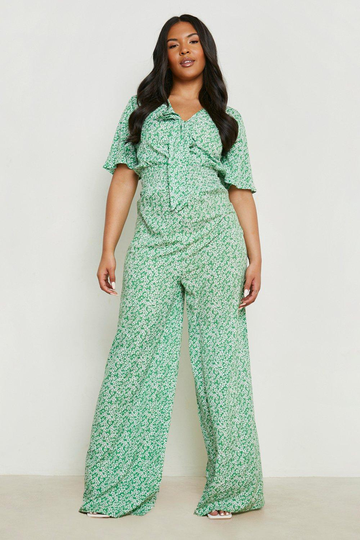 Plus - Blommig Jumpsuit Med Knytdetalj Och Vida Ben, Green