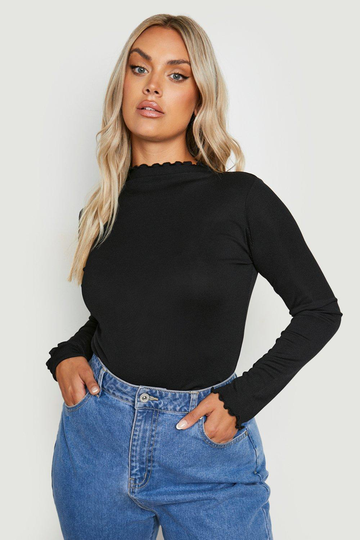 Plus - Långärmad Body Med Rullfåll, Black