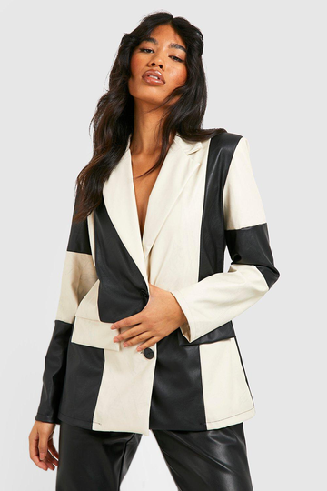 Oversized Kavaj I Konstläder Med Blockfärger, Black