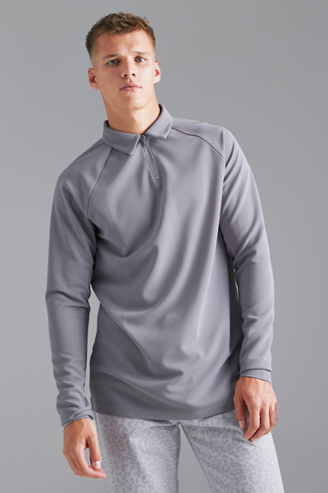Långärmad Pikétröja I Slim Fit Med Dragkedja, Grey