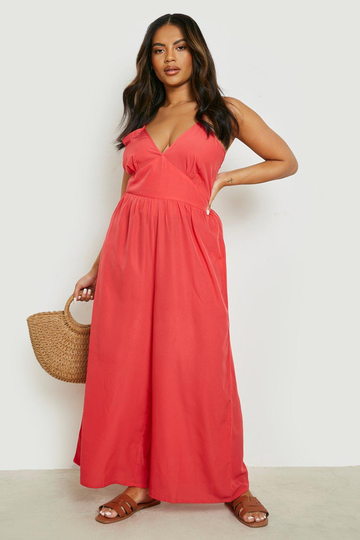 Plus - Jumpsuit Med Knytdetaljer Och Vida Ben, Pink