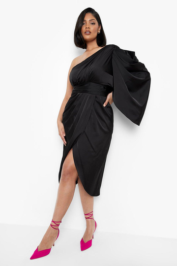Plus Draperad One Shoulder-Klänning I Satin, Black