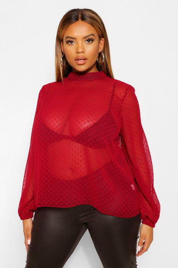 Plus Blus Med Hög Hals I Prickig Mesh, Red