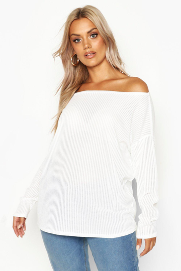 Plus - Långärmad Oversize T-Shirt I Ribbat Tyg, White
