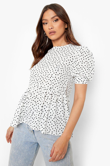 Prickig Blus Med Puffärm, White