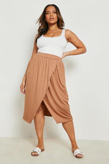 Plus - Midikjol I Jersey Med Omlott, Beige