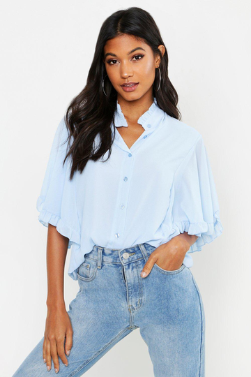 Blus I Vävt Tyg Med Volanger Och Vid Ärm, Blue