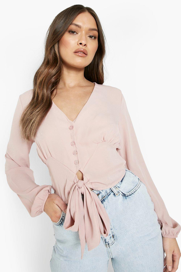 Knytblus Med Knappar, Pink