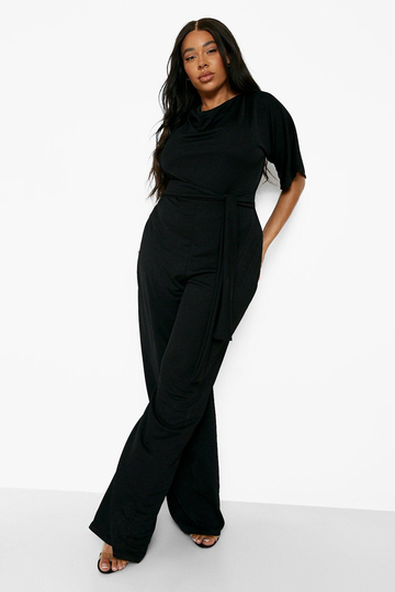 Plus - Jumpsuit Med Draperad Hals Och Vida Ben, Black