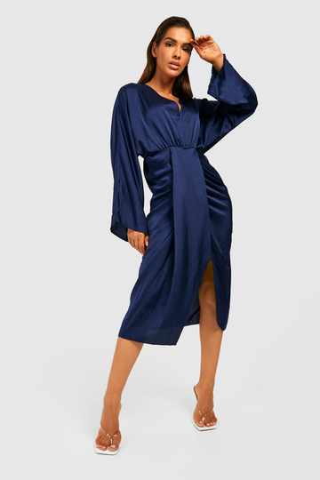 Draperad Midiklänning I Satin, Blue