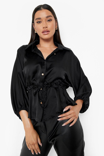 Blus I Satin Med Veckad Midja, Black