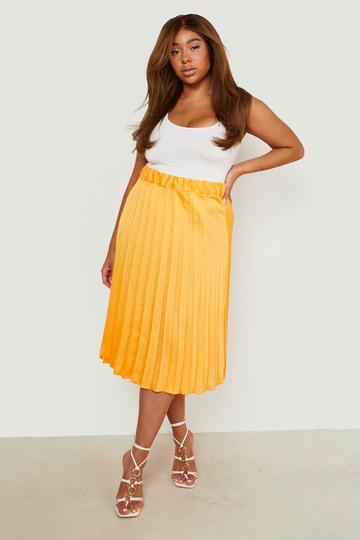 Plus - Plisserad Midikjol I Satin, Orange