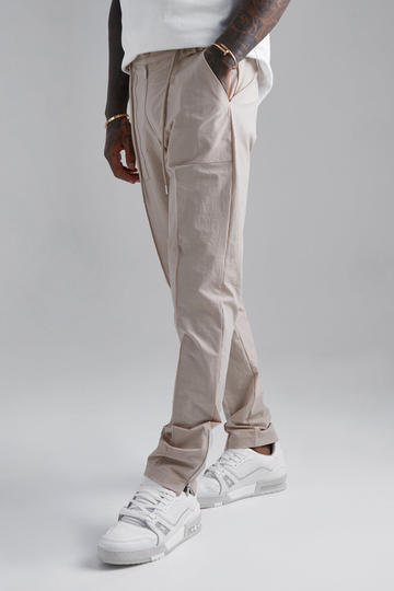 Slim Fit Byxor I Nylon Med Dragkedja, Beige