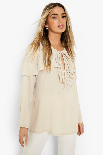 Oversize Blus Med Volanger, Beige