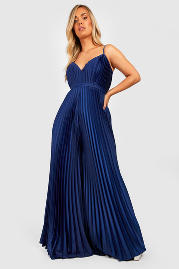 Plus - Plisserad Jumpsuit I Satin Med Vida Ben, Blue