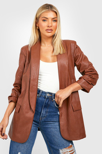 Kavaj I Konstläder Med Rynkade Detaljer, Brown