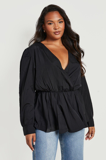 Plus - Långärmad Blus Med Peplum Och Omlott, Black