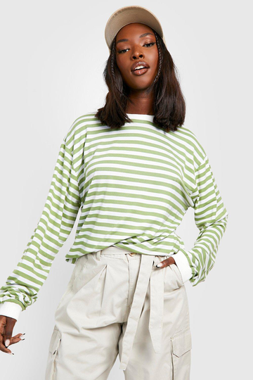 Randig Långärmad Oversized T-Shirt, Green