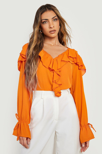 Blus Med Volanger Och Knytdetaljer, Orange