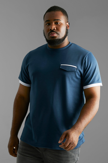Plus - T-Shirt I Slim Fit Med Ficka Och Kantband, Blue