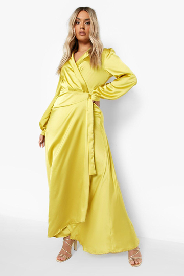 Plus - Långklänning I Satin Med Omlott, Yellow