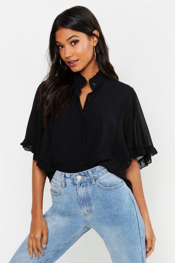 Blus I Vävt Tyg Med Volanger Och Vid Ärm, Black