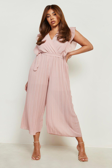 Plus - Plisserad Jumpsuit Med Knytskärp Och Volangärm, Pink