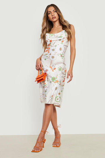 Blommig Midiklänning I Satin, White